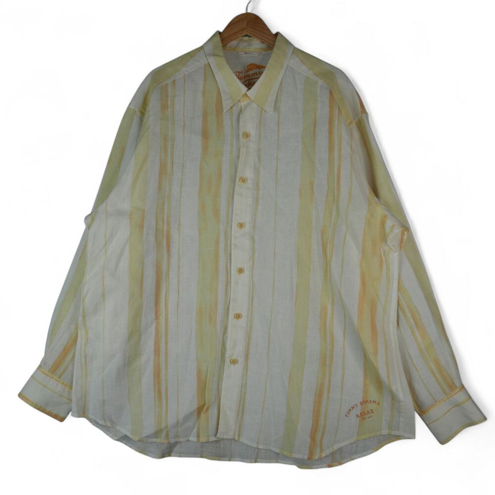 Tommy Bahama Relax Shirt Mens‎ XXL Yellow Stripe 100% Linen Long Sleeve Button